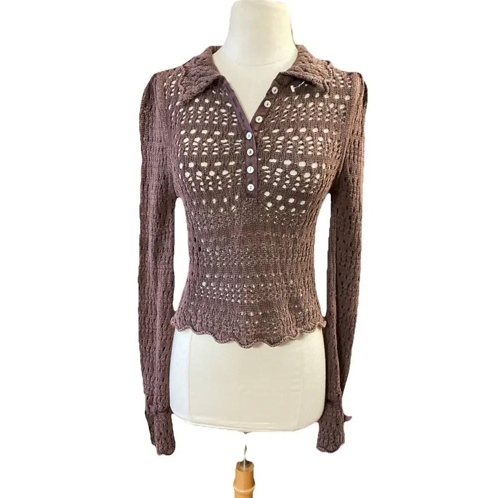 Free People Pointelle Pullover Bell Sleeves Shirt‎ Sz XS Chickory Coffee Brown